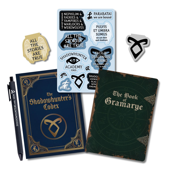 Gift set opened: Dot grid A6 journal open with pen, ‘All the stories are true’ & Enkeli rune magnetic bookmarks, Shadowhunters sticker sheet, A6 Shadowhunters codex and The book of Gramarye journal.

