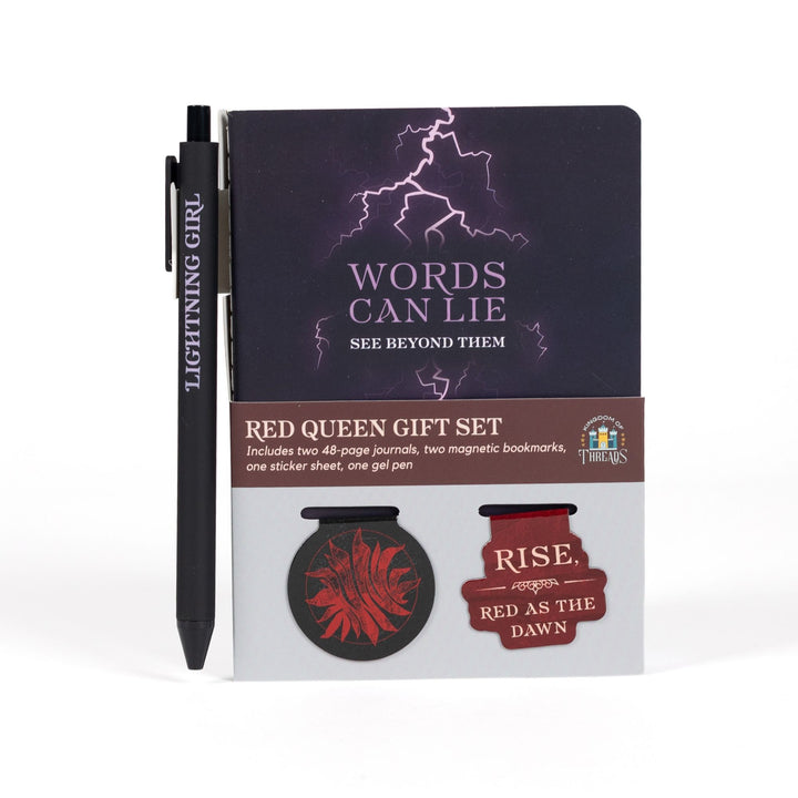  Boxed gift set: 'Words Can Lie' A6 journal & pen with 2 magnetic bookmarks: ‘Rise, Read as the Dawn’ and the Scarlet Guard insignia.

