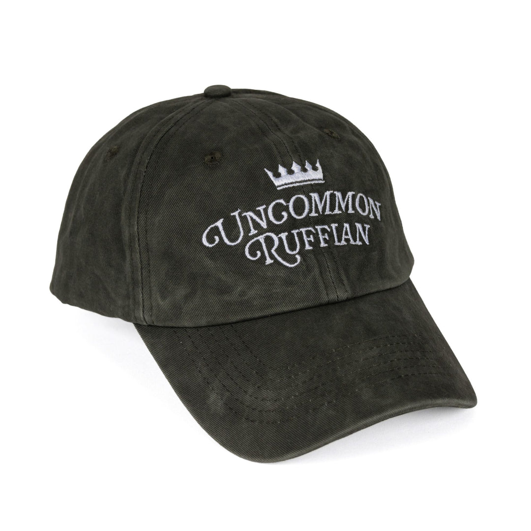Dark brownish grey hat with the quote ‘Uncommon Ruffian’ from Holly Black’s Folk of Air series.
