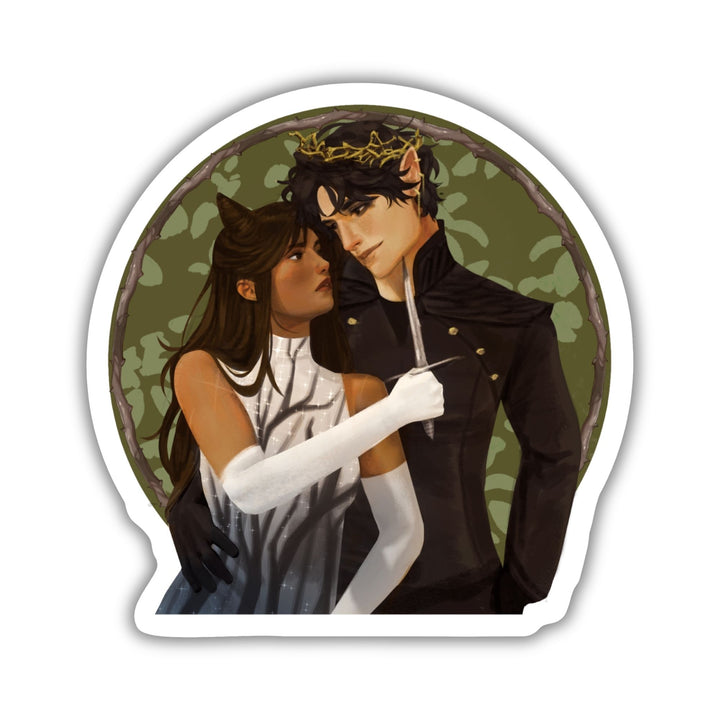 Sticker of Jude and Cardan from The Cruel Prince over a green background. Jude is holding a knife to Cardan.