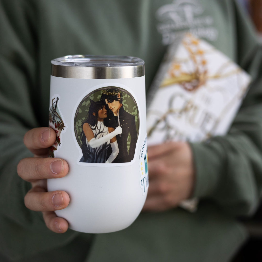 Sticker of Jude holding a knife to Cardan over a green background, on a white tumbler. From The Cruel Prince.