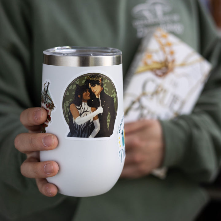 Sticker of Jude holding a knife to Cardan over a green background, on a white tumbler. From The Cruel Prince.