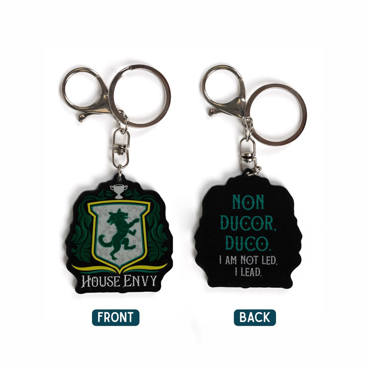 2 acrylic keychains of a crest. One side has a two headed wolf and House of Envy in white letters at the bottom. On the other ‘Non Ducor, Duco. I am not led, I lead.’