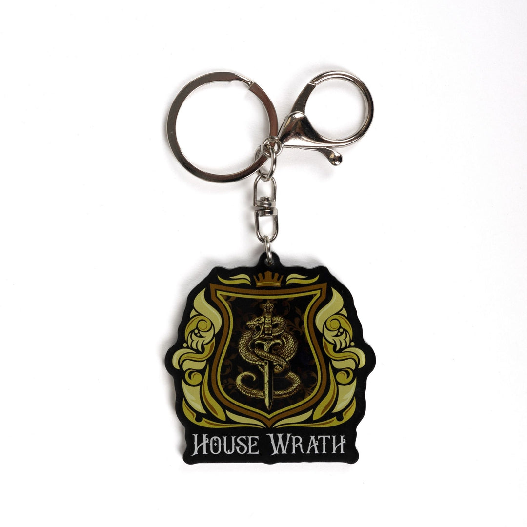  Acrylic yellow and gold keychain of a house crest with a snake wrapped around a sword and House of Wrath in white.
