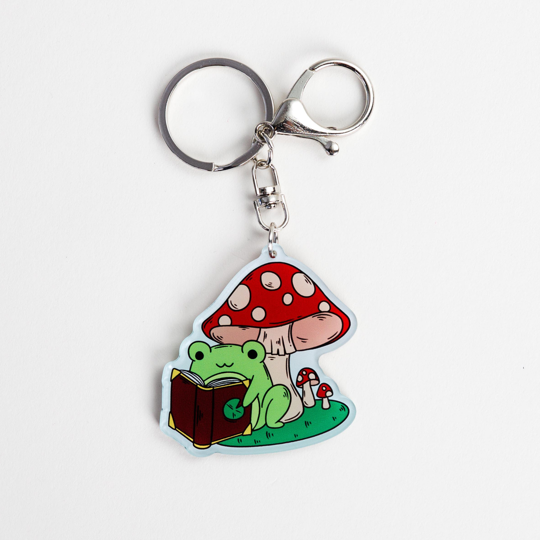 Frog Reading Under Toadstool Keychain