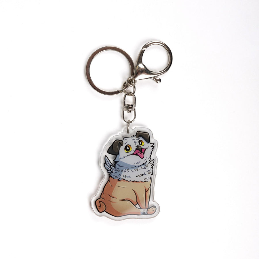  Acrylic keychain of Potroast, body and face of a pug with the beak and feathers of an owl. From Bookshops and Bonedust.
