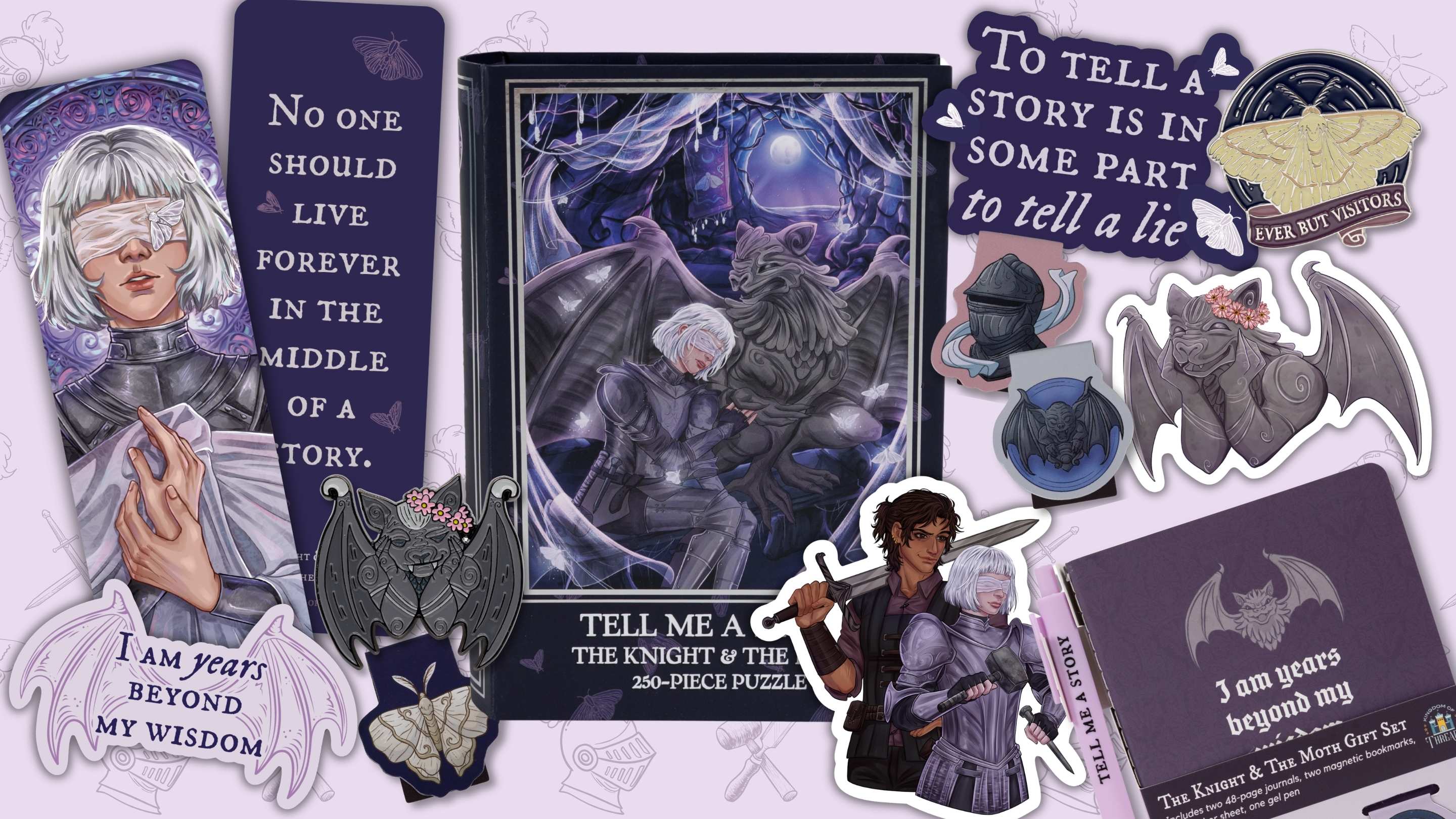 A coordinated set of illustrated accessories and cards themed around 'The Knight & the 200-Piece Puzzle' and 'Tell Me a Story in Some Part to Tell Me a Lie'. The set includes a black puzzle box with fantasy artwork, several purple cards, die-cut stickers, and a small plaque, all arranged on a pale lavender background.
