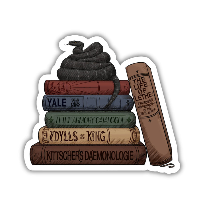 Sticker of stack of books with snake on top, spines read ‘Grimoire of Pamela Dawes, Yale Old and New, Lethe Armory Catalog, Idylls of the King, Kittscher’s Daemonologie, The Life of Lethe: Procedures and Protocols of the Ninth House.’