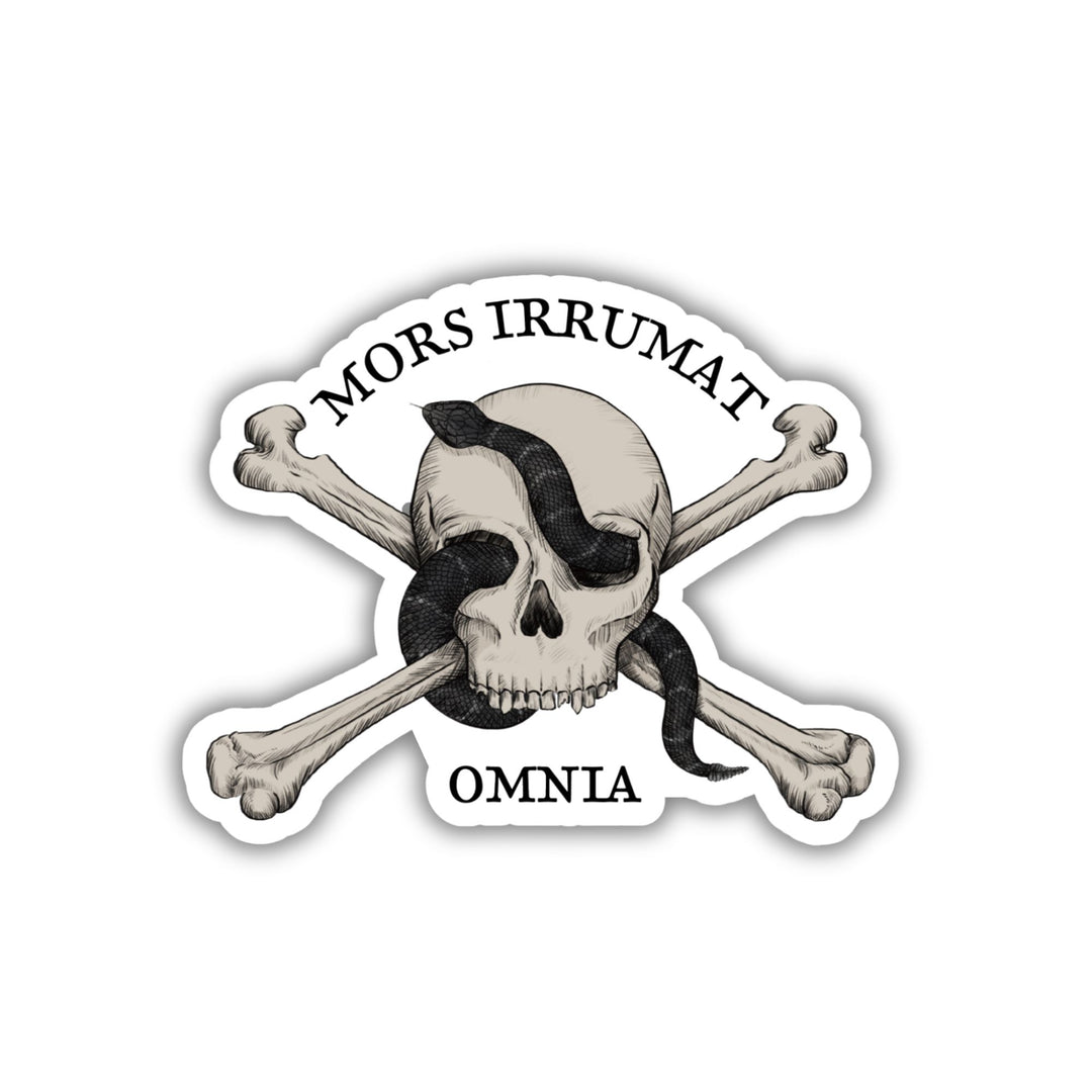 Sticker of skull with snake that reads ‘mors vincit omnia.’
