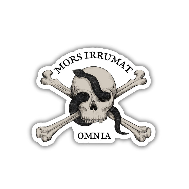 Sticker of skull with snake that reads ‘mors vincit omnia.’
