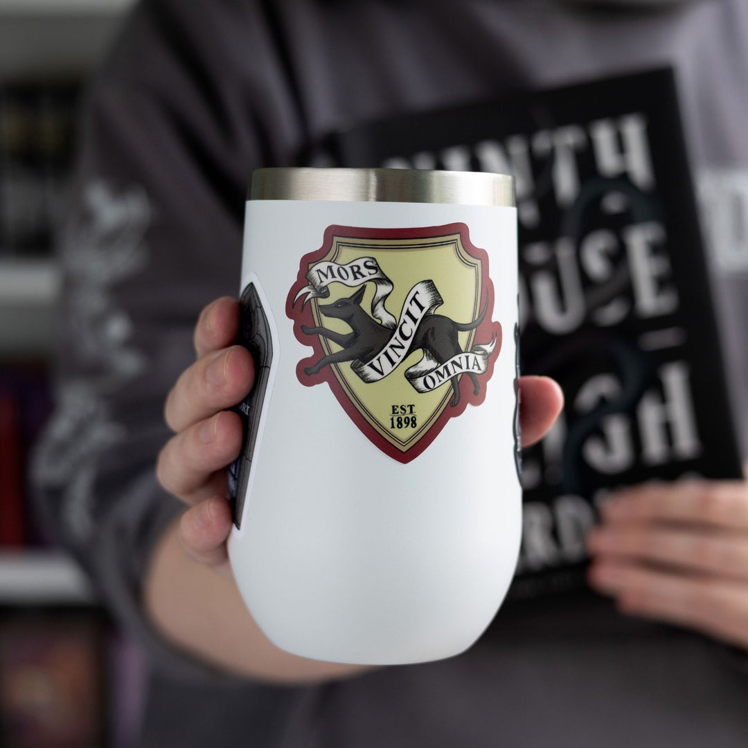  Sticker of the Lethe House jackal, reads ‘Mors Vincit Omnia’ and ‘est. 1898’ on a white tumbler.
