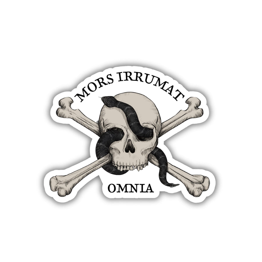 Sticker of skull with snake that reads ‘mors vincit omnia.’
