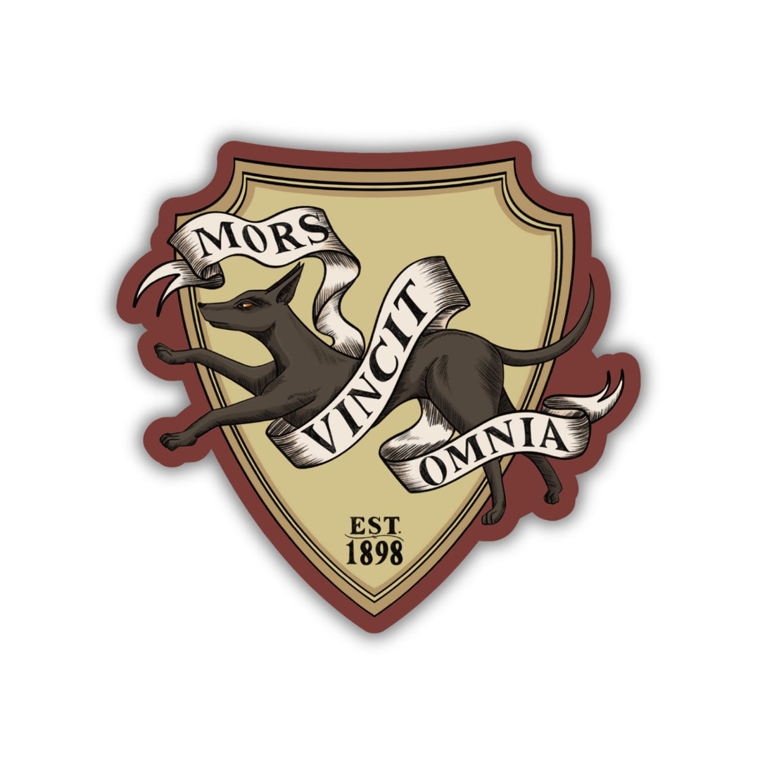 Sticker of the Lethe House jackal, reads ‘Mors Vincit Omnia’ and ‘est. 1898’ from Ninth House by Leigh Bardugo