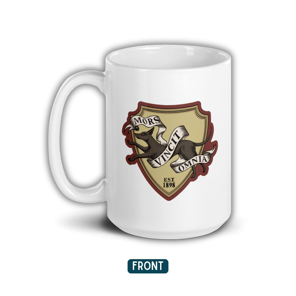 Mug with Lethe House jackal, reads ‘Mors Vincit Omnia’ and ‘est. 1898’, ’ from Ninth House by Leigh Bardugo.