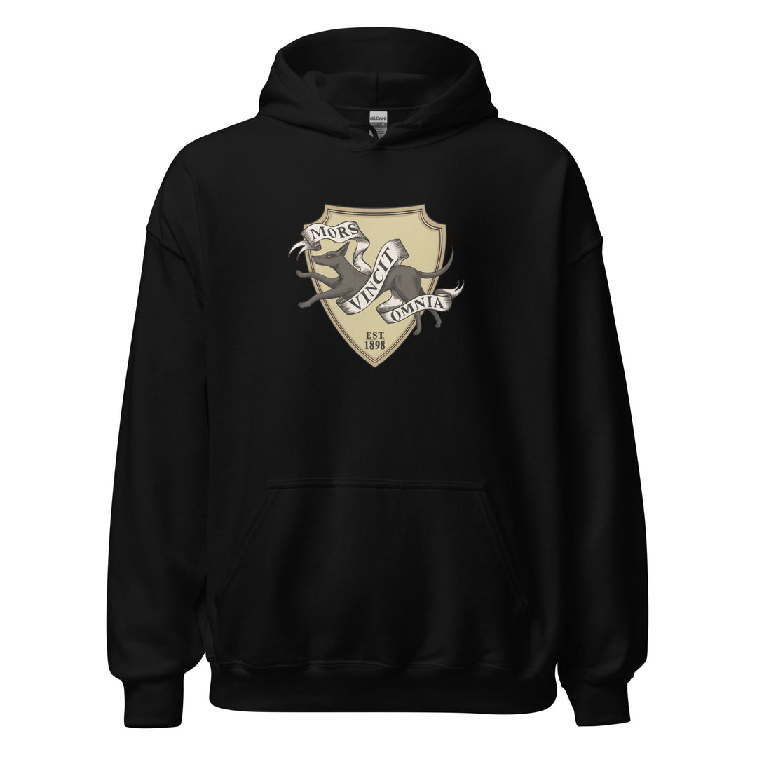  Black hoodie of Lethe House seal with a  jackal, reads ‘Mors Vincit Omnia’ and ‘est. 1898’, from Ninth House by Leigh Bardugo.
