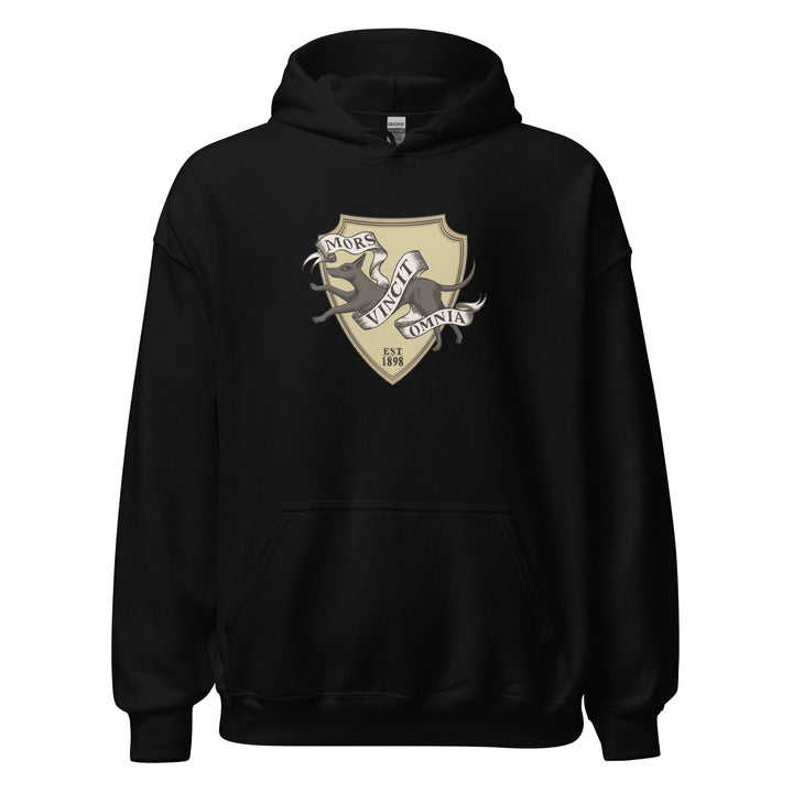  Black hoodie of Lethe House seal with a  jackal, reads ‘Mors Vincit Omnia’ and ‘est. 1898’, from Ninth House by Leigh Bardugo.