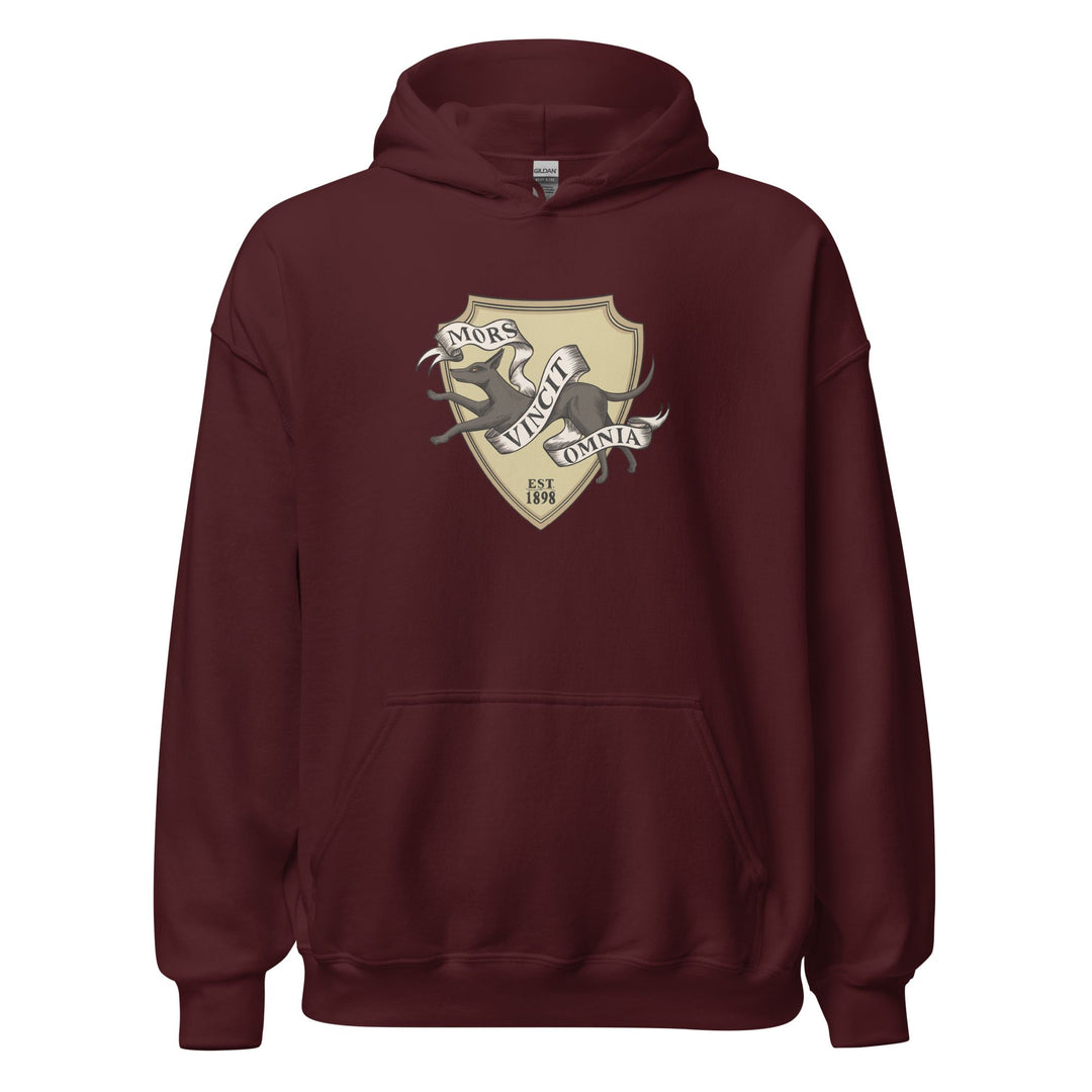 Maroon hoodie of Lethe House seal with a jackal, reads ‘Mors Vincit Omnia’ and ‘est. 1898’, from Ninth House by Leigh Bardugo

