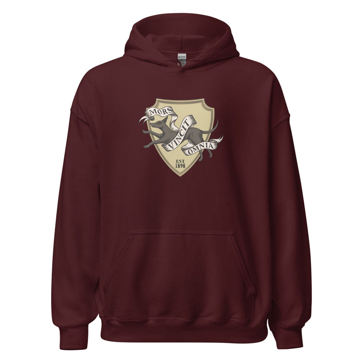Maroon hoodie of Lethe House seal with a jackal, reads ‘Mors Vincit Omnia’ and ‘est. 1898’, from Ninth House by Leigh Bardugo
