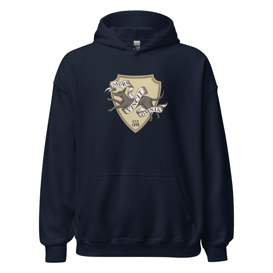 Navy hoodie of Lethe House seal with a jackal, reads ‘Mors Vincit Omnia’ and ‘est. 1898’, from Ninth House by Leigh Bardugo