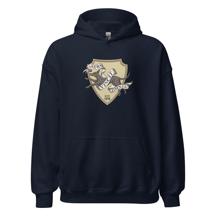 Navy hoodie of Lethe House seal with a jackal, reads ‘Mors Vincit Omnia’ and ‘est. 1898’, from Ninth House by Leigh Bardugo