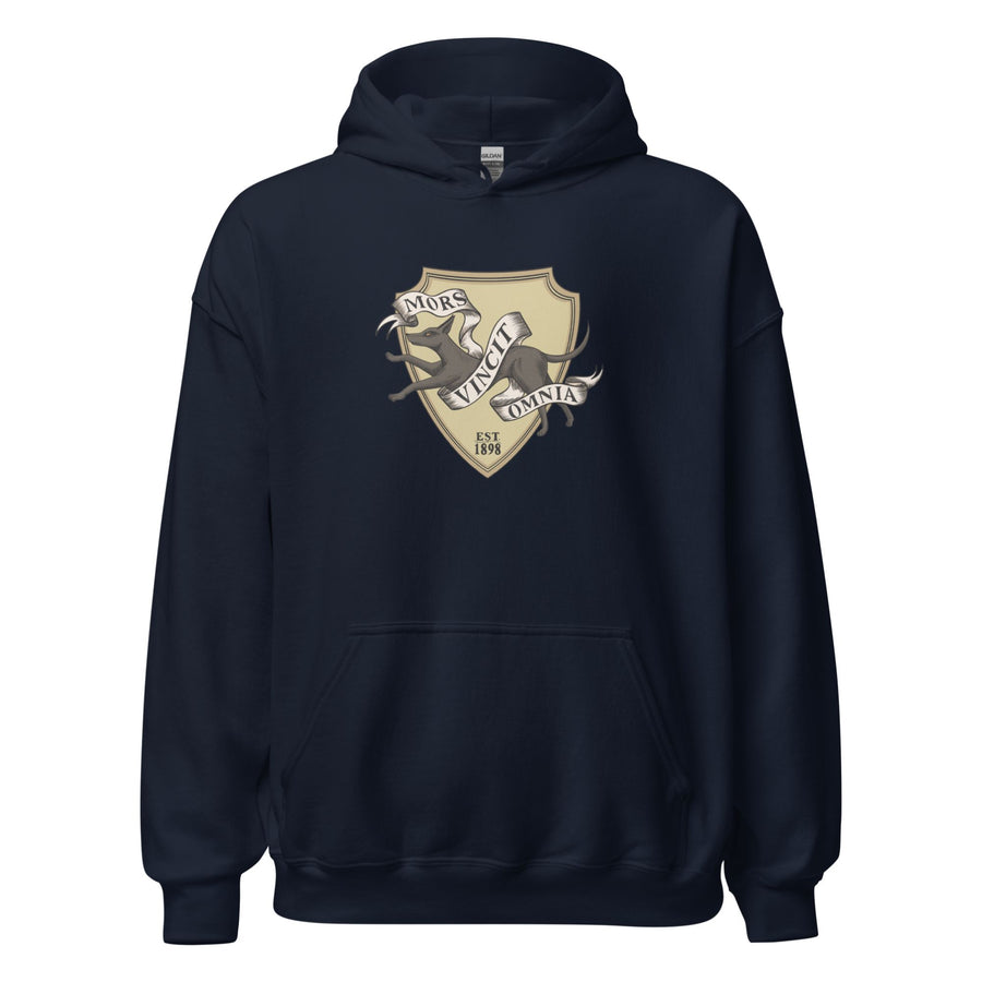 Navy hoodie of Lethe House seal with a jackal, reads ‘Mors Vincit Omnia’ and ‘est. 1898’, from Ninth House by Leigh Bardugo