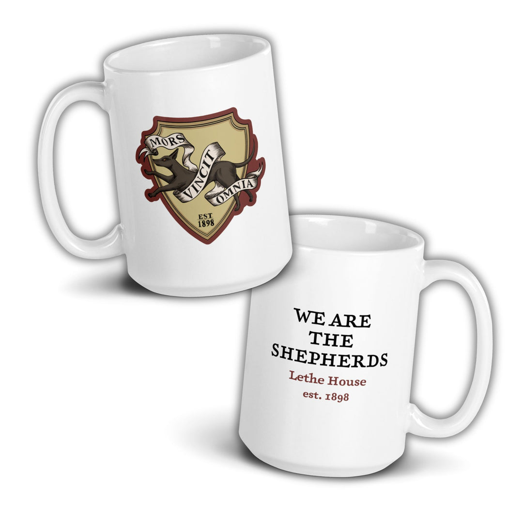Front of mug with Lethe House jackal, reads ‘Mors Vincit Omnia’ and ‘est. 1898’, back reads ‘We are the Shepards, Lethe House, est 1898,’ from Ninth House by Leigh Bardugo.