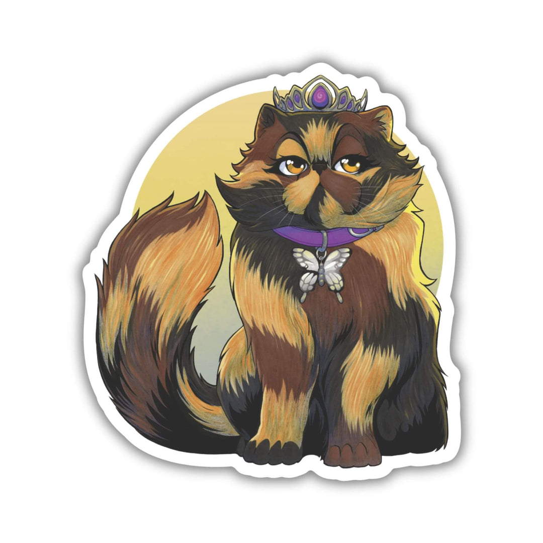 Sticker of Princess Donut wearing her signature crown and purple butterfly collar around a yellow ombre background.
