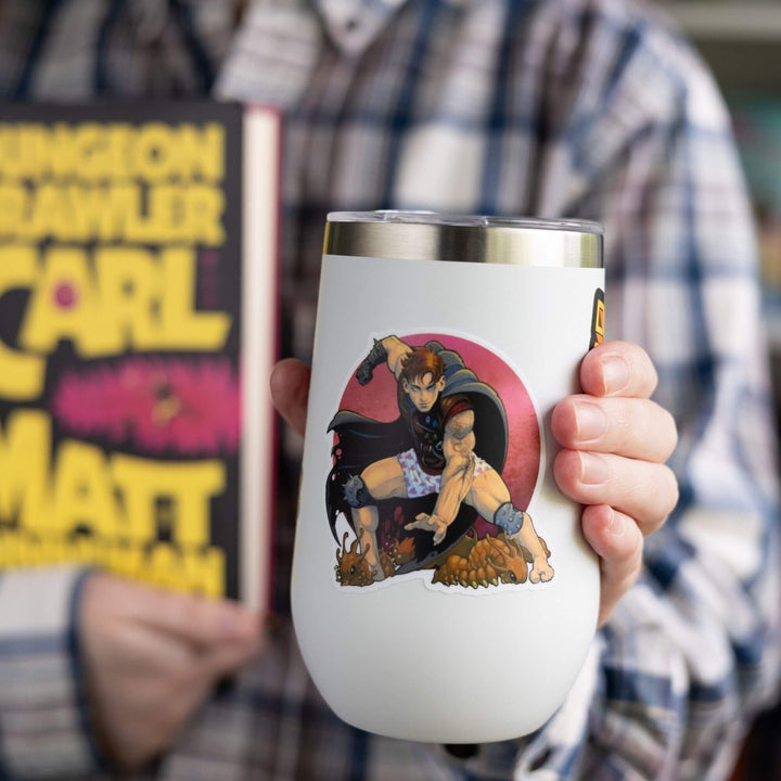  Illustration of Carl from Dungeon Crawler Carl smooshing grubs in a three point stance as a sticker, on a white tumbler.