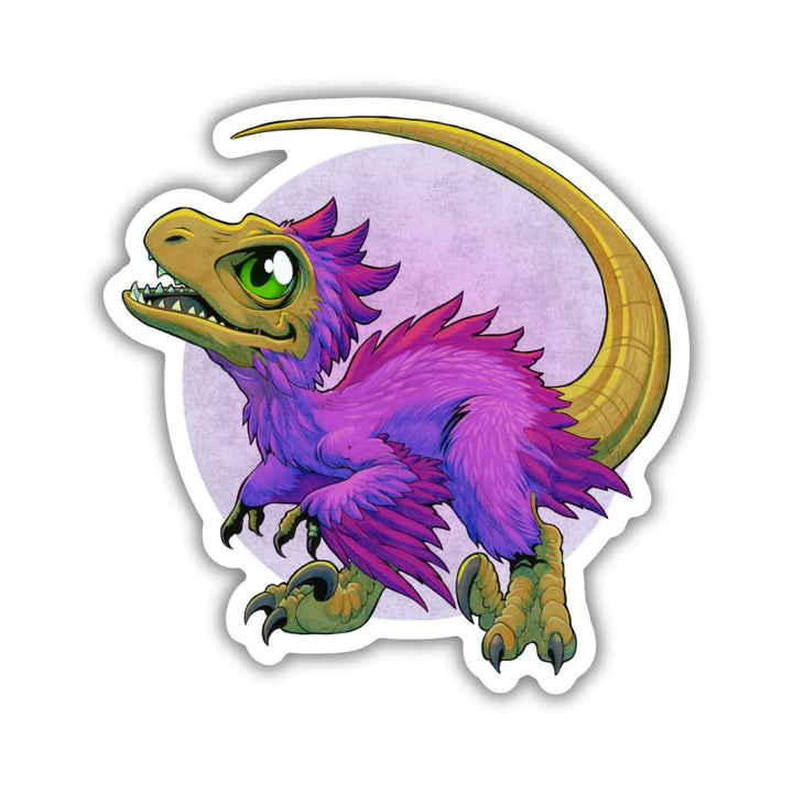 Sticker of Baby Mongo, a tiny, purple feathered velociraptor who has green eyes, and very sharp talons, as a sticker.