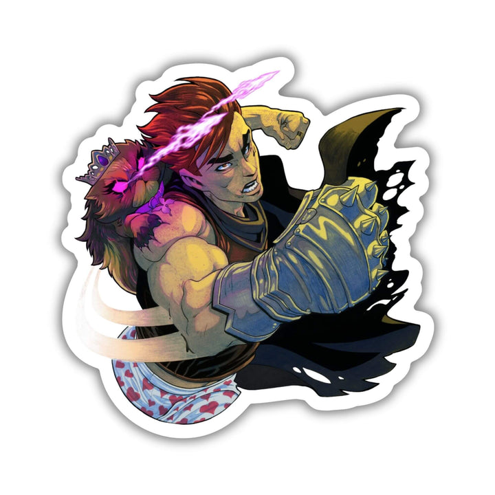 Sticker of Carl, with Princess Donut on his shoulder, mid punch. Purple lasers shoot from Donut’s eyes.