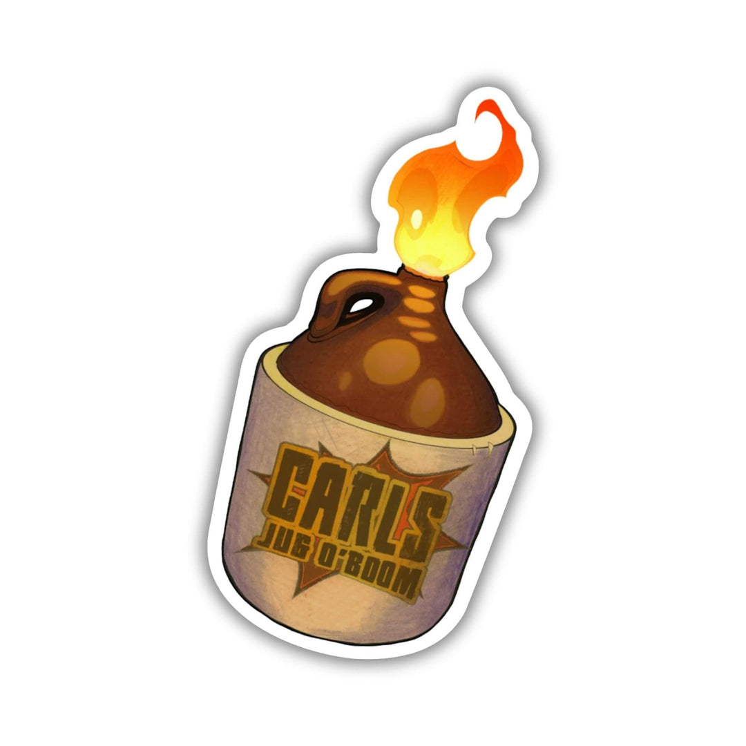Sticker of an amber glass bottle with a product label that reads ‘Carl’s Jug O Boom’ with flames coming out the top.