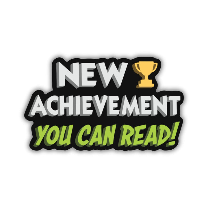 Sticker reads ‘New Achievement You Can Read!’ next to a trophy. Letters are white and green, outlined in black. From Dungeon Crawler Carl.
