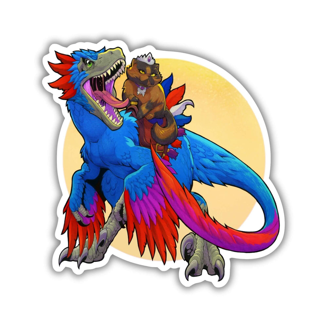 Sticker of Princess Donut in a saddle riding a fully grown Velociraptor, Mongo, who is roaring