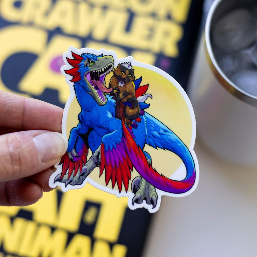 Sticker of Princess Donut in a saddle riding a fully grown Velociraptor, Mongo, who is roaring. Held over Dungeon Crawler Carl.