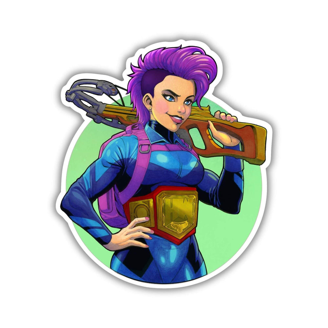 Sticker of Katia in a blue spandex suit, a purple backpack and cross-bow slung over her shoulder smirking, from Dungeon Crawler Carl. 