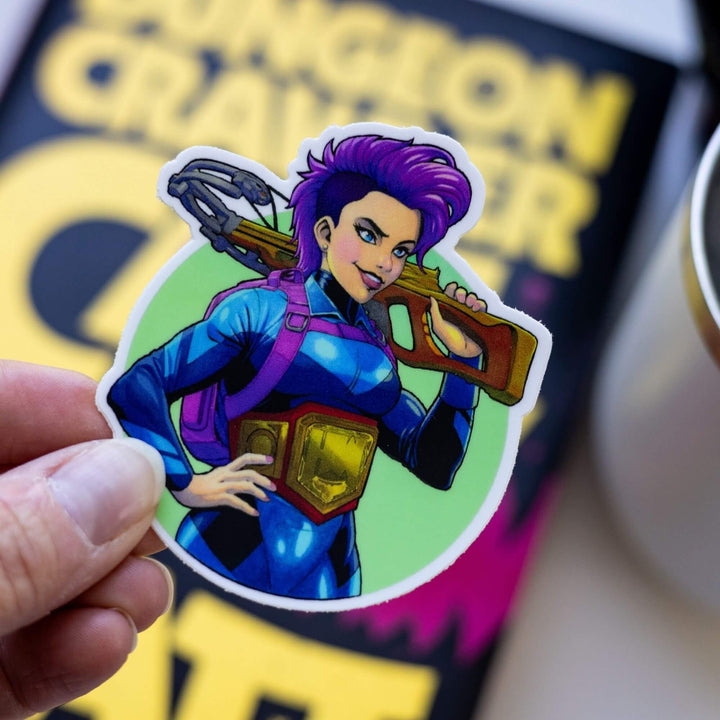 Sticker of Katia in a blue spandex suit, a purple backpack and cross-bow slung over her shoulder smirking, from Dungeon Crawler Carl. Held over Dungeon Crawler Carl.
