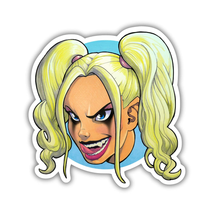 Sticker of Samantha’s head. Her hair is in pigtails. She has dark eyeliner on and fangs. She’s grinning wickedly.