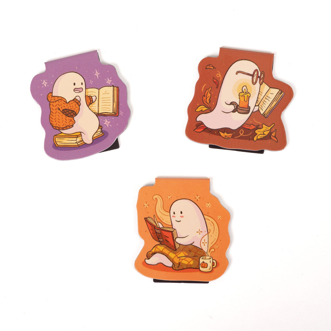 Set of 3 magnetic bookmarks with cute, fall themed ghosts reading books. 