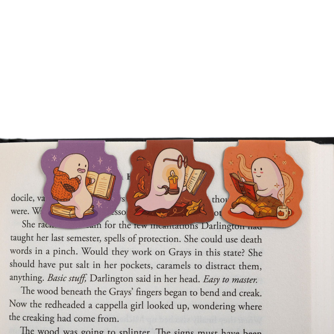 Magnetic bookmarks of three ghosts reading books on the Chapter 10 page of The Knight and the Moth.