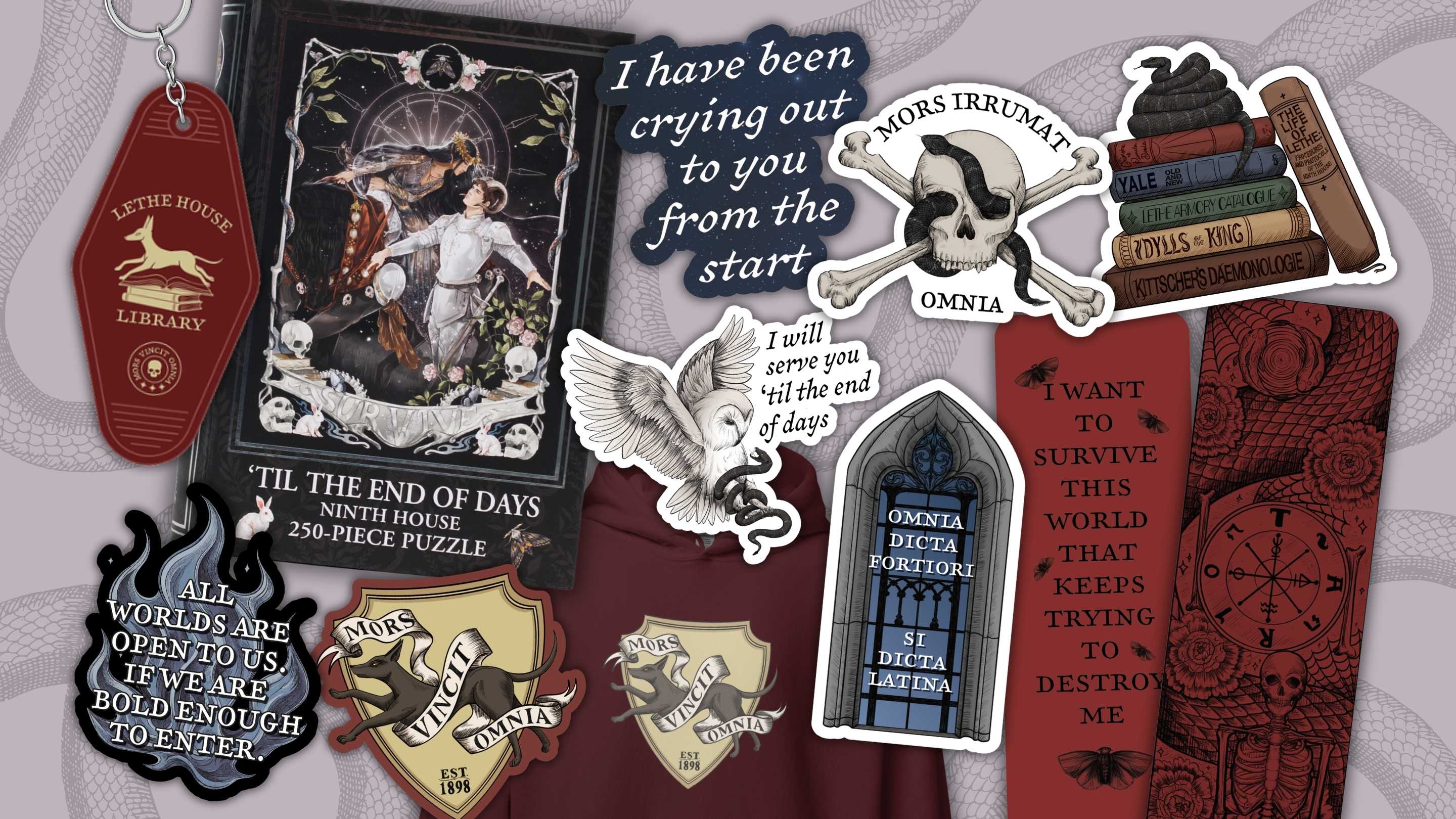 Collection of bookish merch inspired by Leigh Bardugo's Ninth House, including stickers, a keychain, bookmark and puzzle