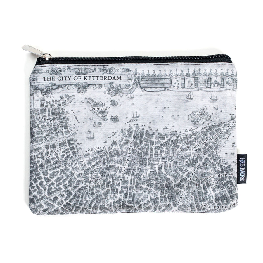 Black and white pouch with the map of Ketterdam from Six of Crows by Leigh Bardugo.