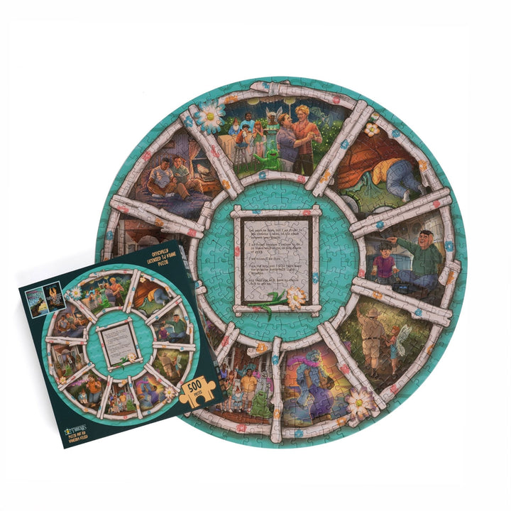 Completed circular puzzle of family portraits from House in the Cerulean Sea & puzzle box for Happy Birt, Linus 500-piece puzzle.