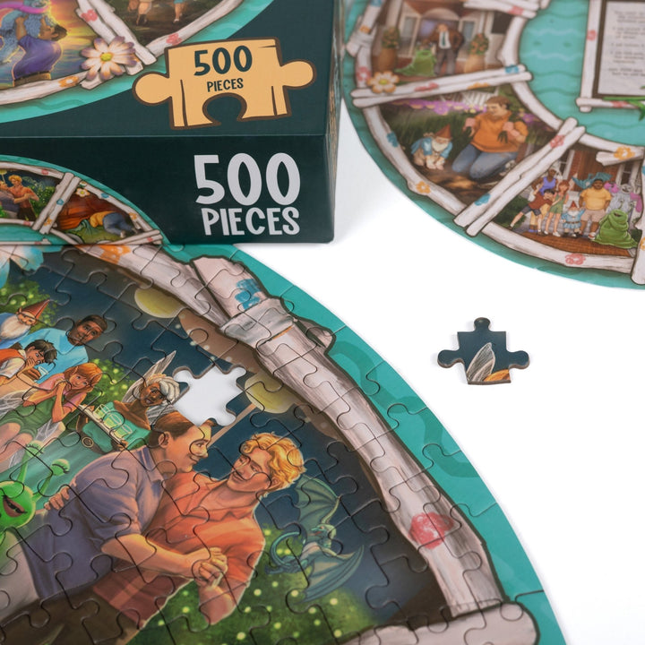 Close up of completed puzzle of House in the Cerulean Sea puzzle with one piece missing.