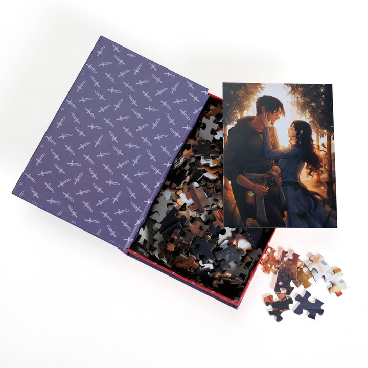 An open book-shaped box reveals puzzle pieces. Pattern of white swords on a purple on inner flap. An art print of Evie and the Villain atop the pieces.