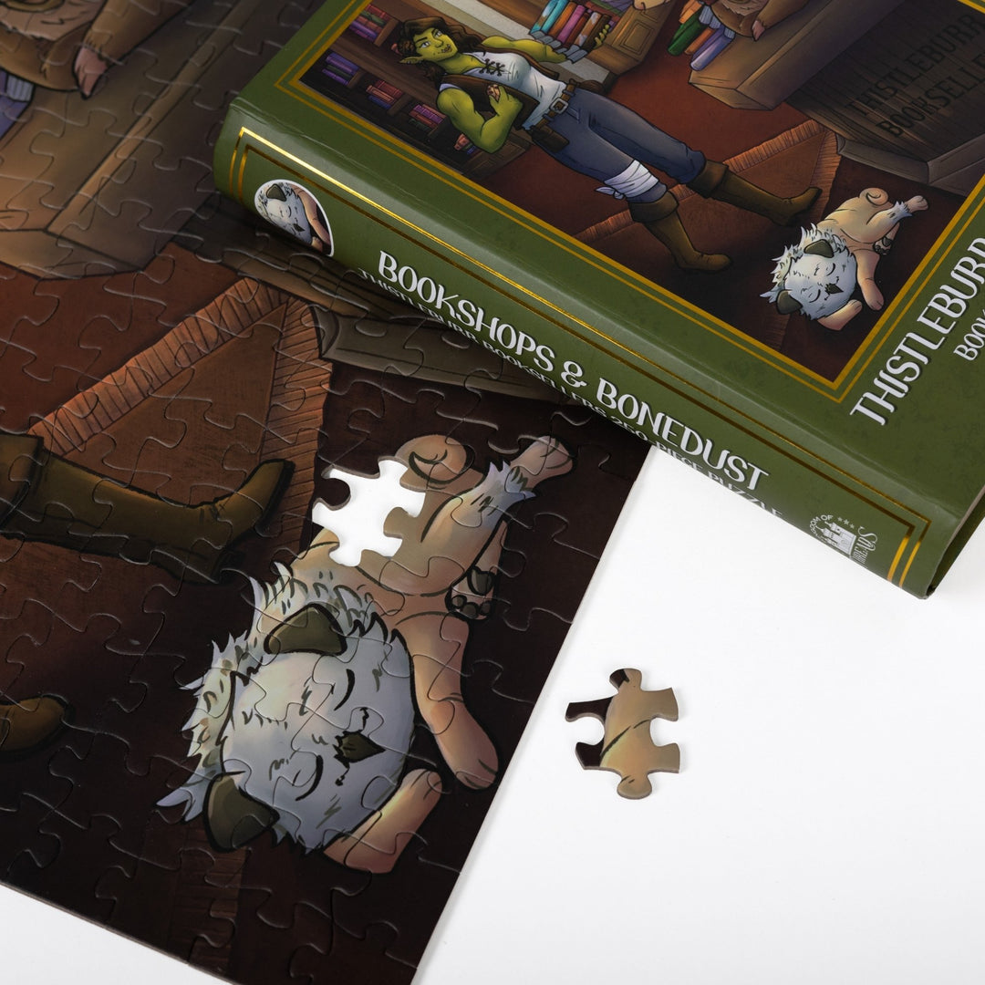 Close up of completed puzzle of Viv in the bookshop from Bookshops & Bonedust with one piece missing.