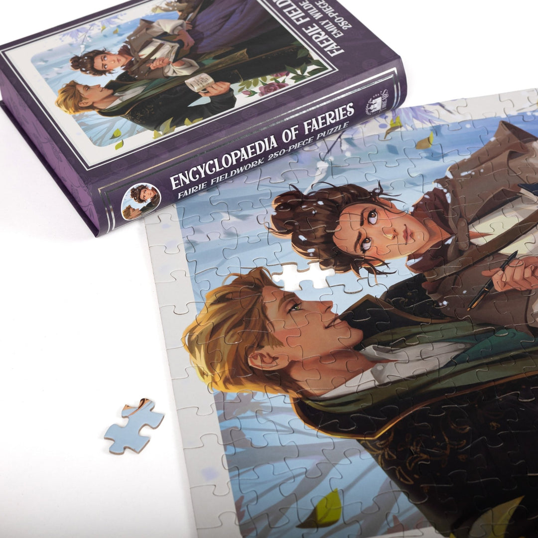 Close up of completed puzzle of Emily and Wendell from the Emily Wilde series with one piece missing.