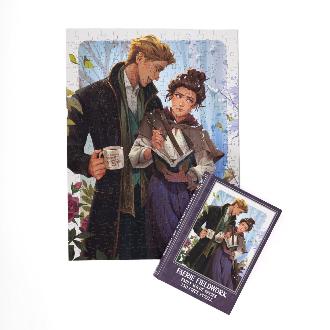 Full completed puzzle of Emily and Wendell and purple, book-shaped box with matching art for Faerie Fieldwork Emily Wilde Series 250-piece puzzle.