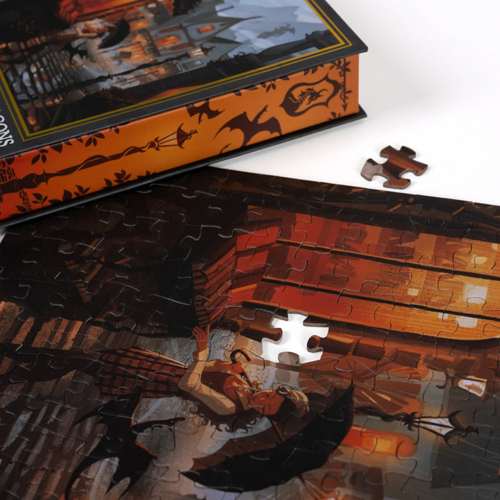 Close up of completed puzzle of a rainy day street scene outside a bookstore with one piece missing.
