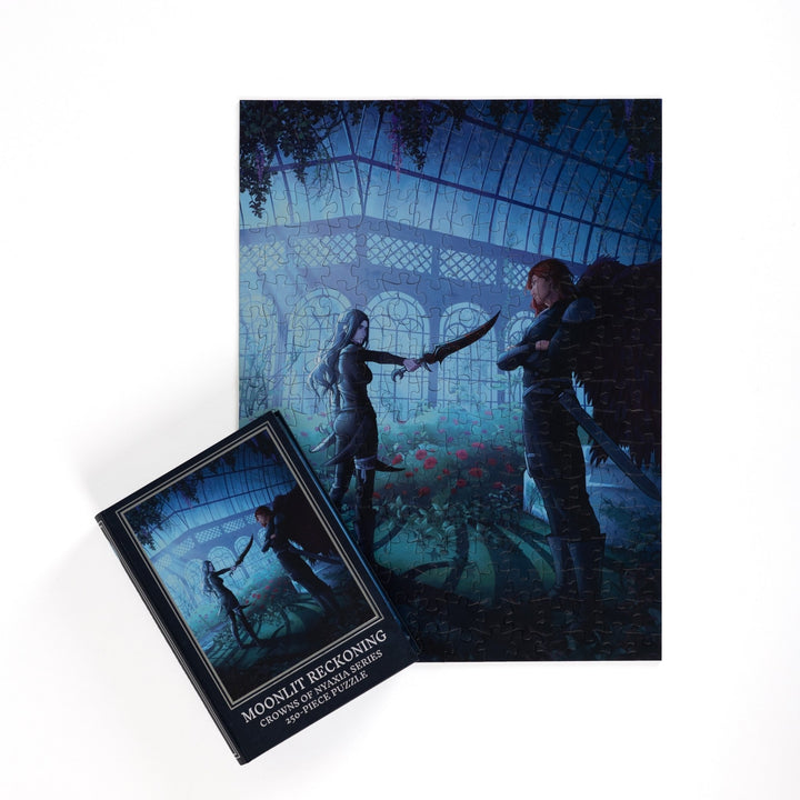 Completed puzzle of Oraya and Raihn and dark blue, book-shaped box with matching art for Moonlit Reckoning Crowns of Nyaxia 250-piece puzzle.