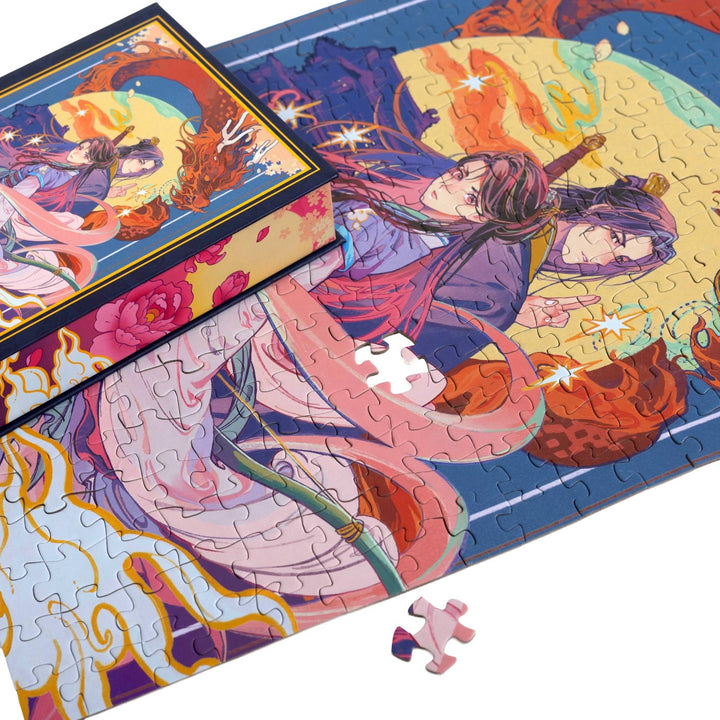 Close up of completed puzzle of Xingyin and Prince Liwei from Daugher of the Moon Goddess with one piece missing. Art is anime style.